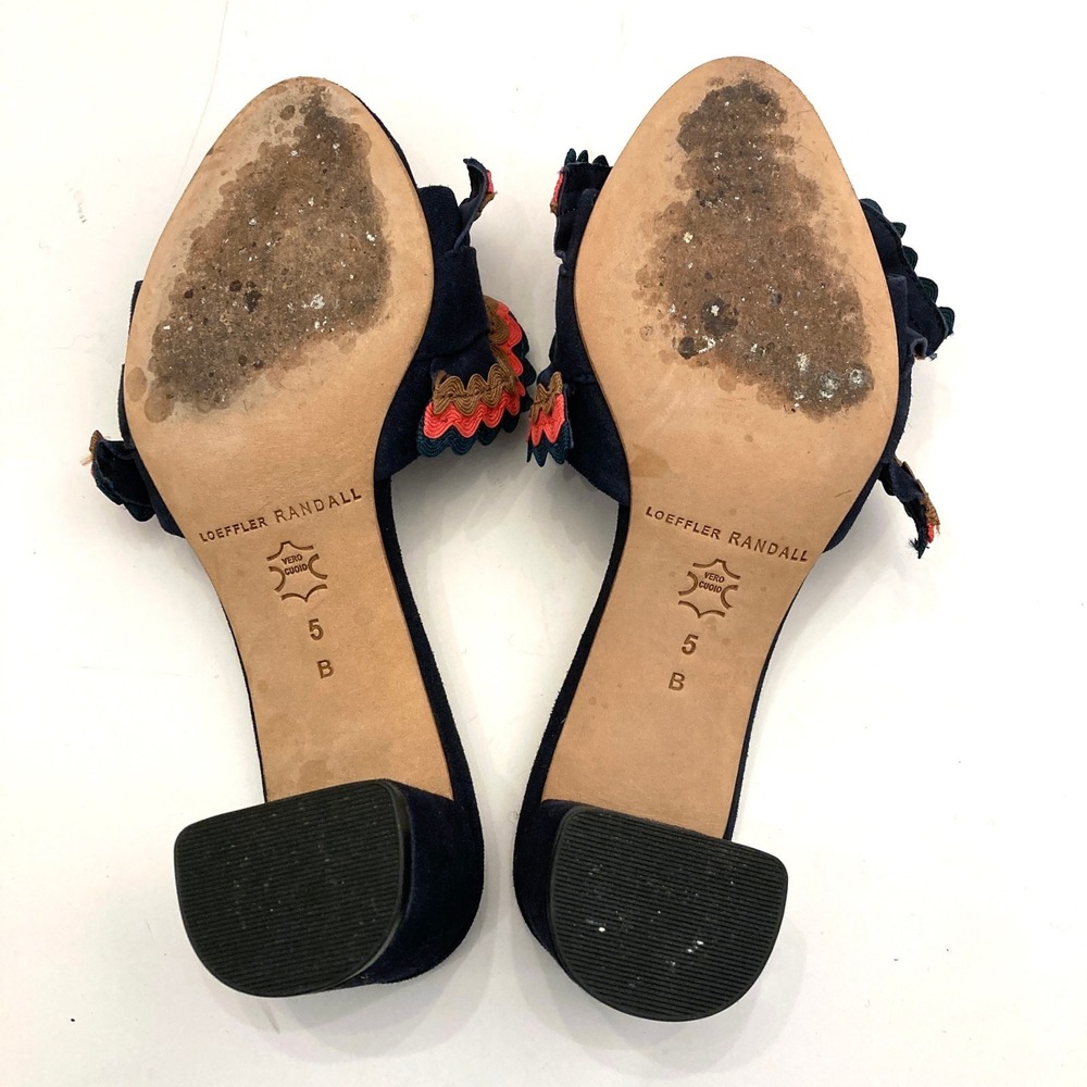 Loeffler Randall Vera Ruffled Sandals Heeled Slides Navy Suede Womens 5 - Picture 8 of 8